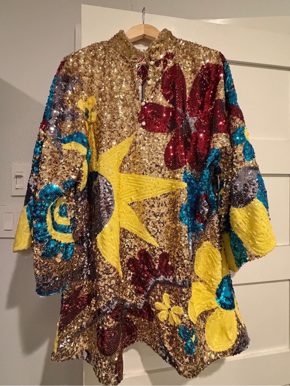 Sequin Floral and Star Gold Dress with Bright Yellow & Teal Accents